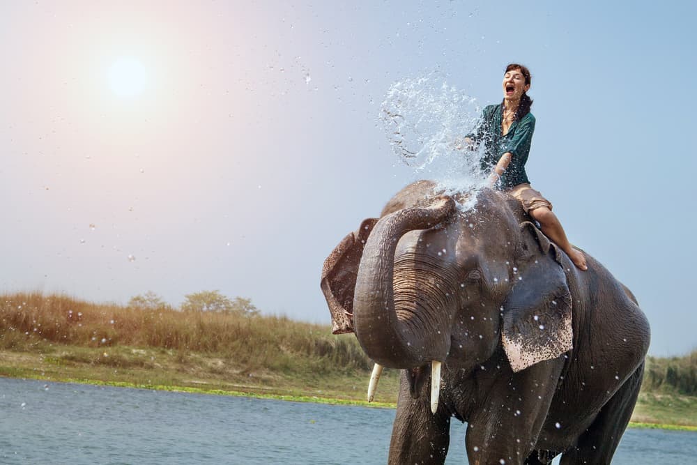 Elephant splashing a woman with Water